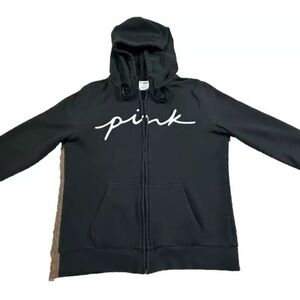Victoria's Secret PINK  Logo Full-Zip Up Hoodie Sweatshirt Jacket Black Small